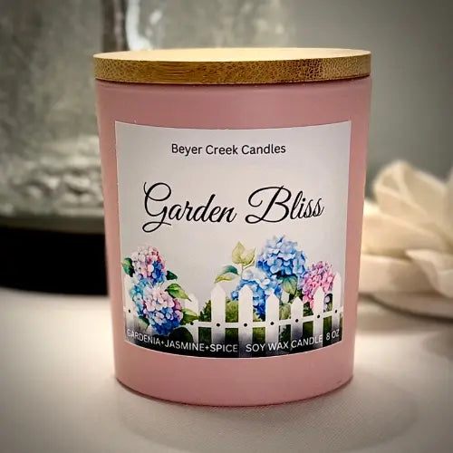 Garden Bliss Scented Soy Wax Candle 8oz | White Glass Vessel | Pink Glass Vessel