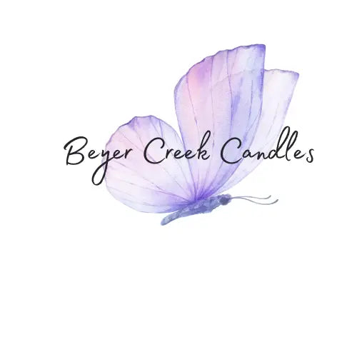 big purple butterfly beyer creek candles in black text white background